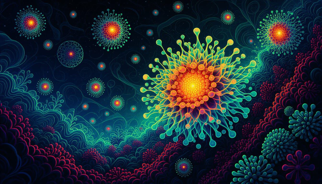 Microscopic World of Glowing Microbes in Hyper-Realistic Dig...