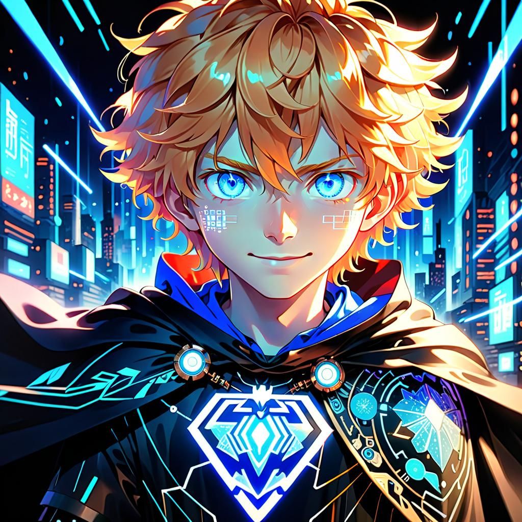 Detailed Illustration of Smiling Teen with Circuitry