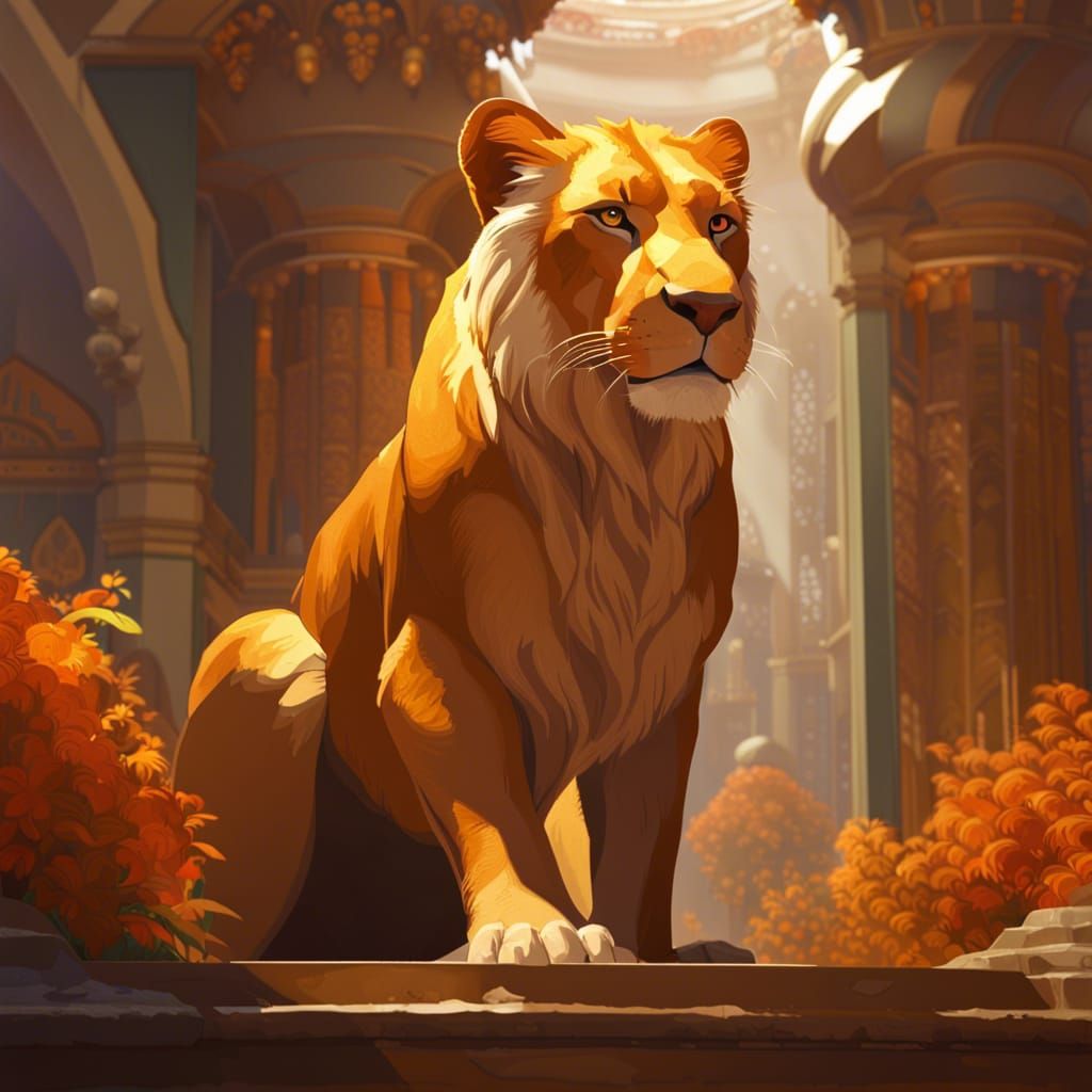Regal Lioness Concept Art in Orange and Teal