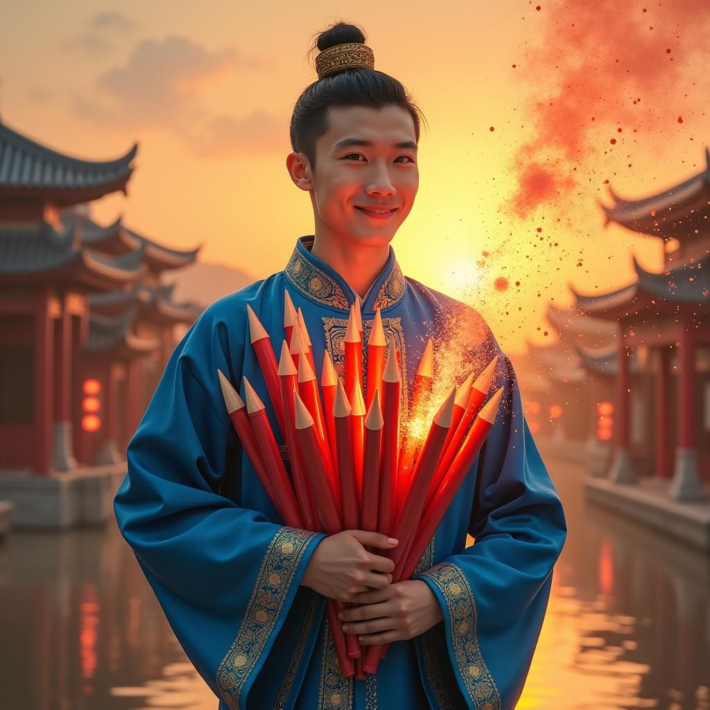 Man with Fireworks Rockets in Traditional Chinese Village