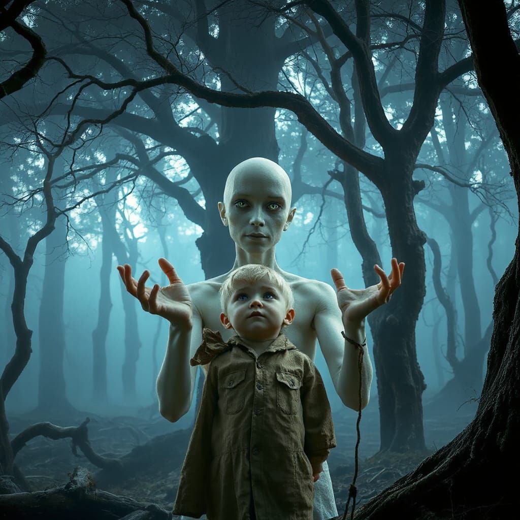 Eerie Forest Encounter with Translucent Figure