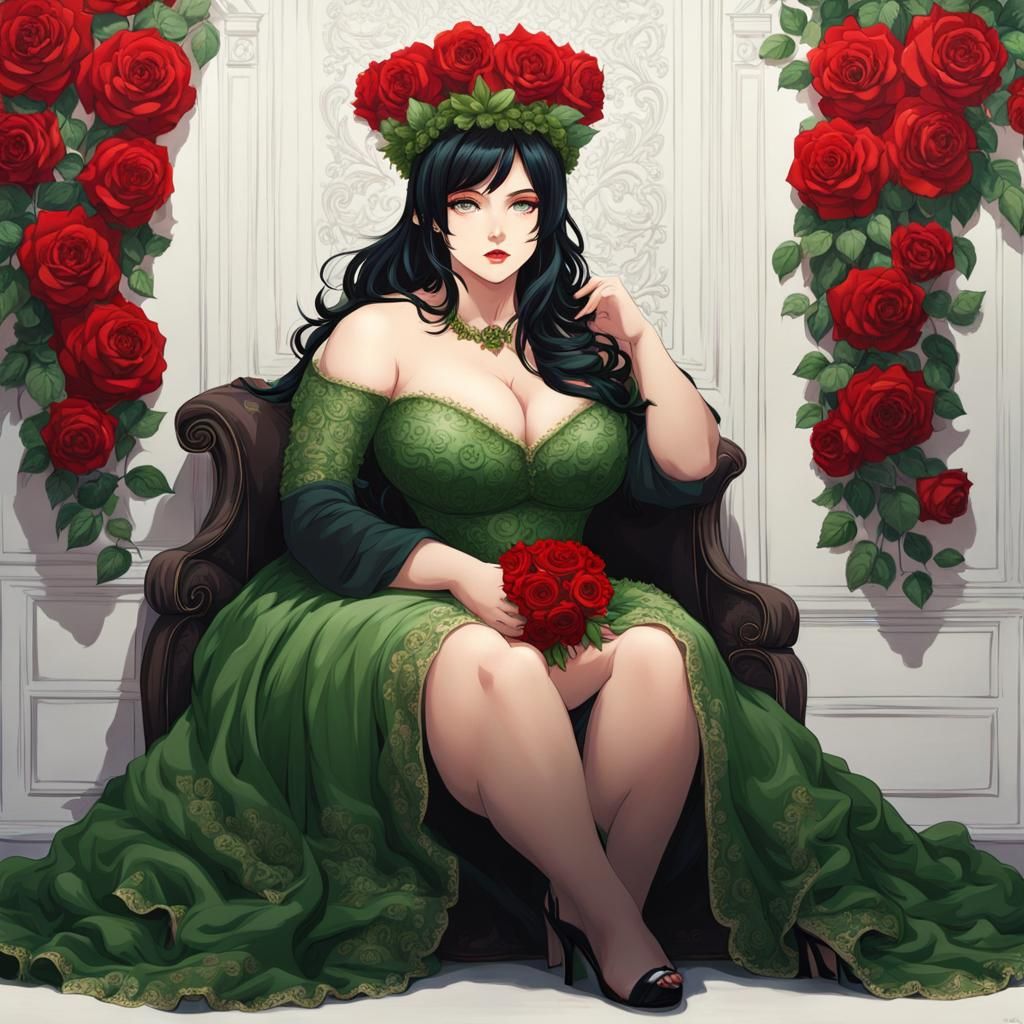 Anime Portrait: Green-Eyed Woman with Rose Crown