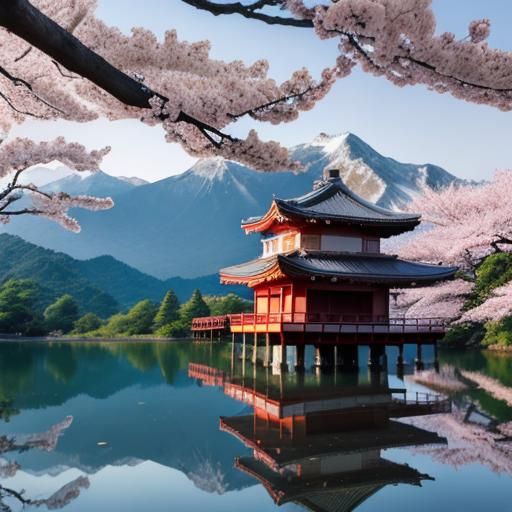 Ancient Sakura Temple on a Lake