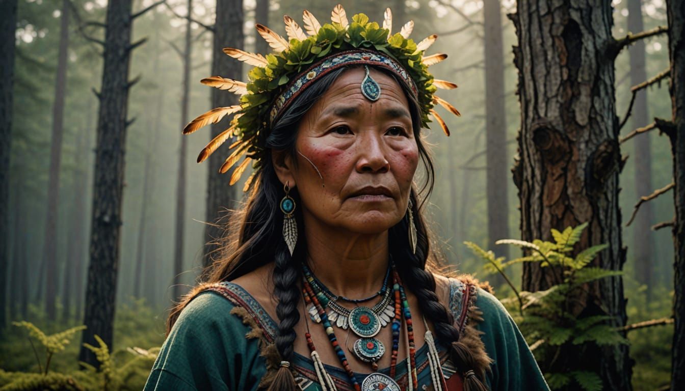 Cree Woman in Boreal Forest Elegance