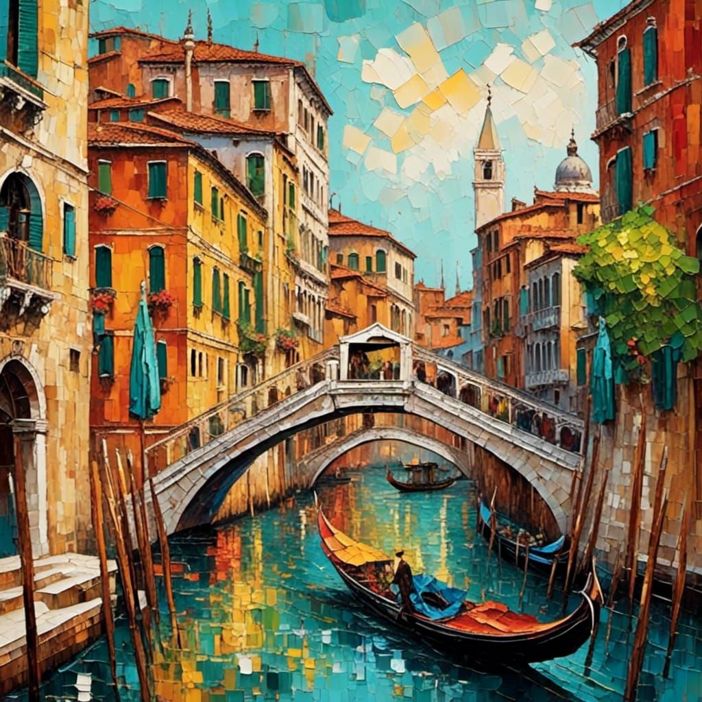 Venice Grand Canal Impasto Painting with Rialto Bridge