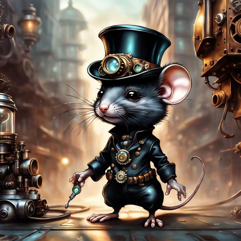 Steampunk Rat in City: Chibi-Style Airbrush Painting
