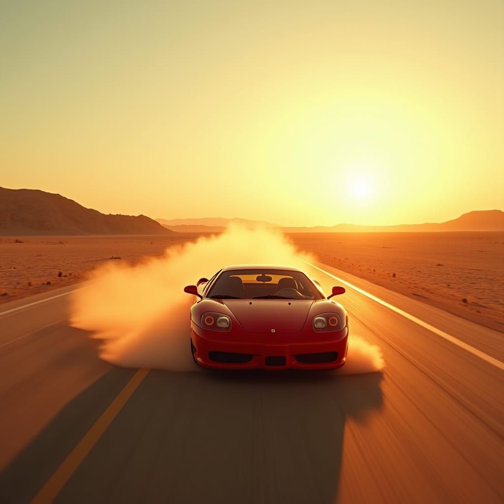 Red Sports Car on Desert Highway: Cinematic Film Still