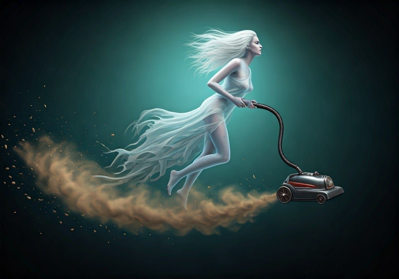 Ethereal Woman Ensnared in Whirlwind of Dust and Debris