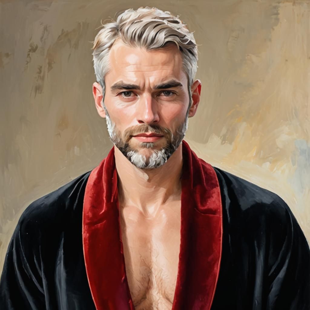 Bearded Man in Velvet Robe as Impasto Oil Painting