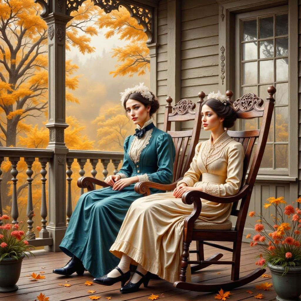 Victorian Sisters in Autumn Light as Impasto Painting