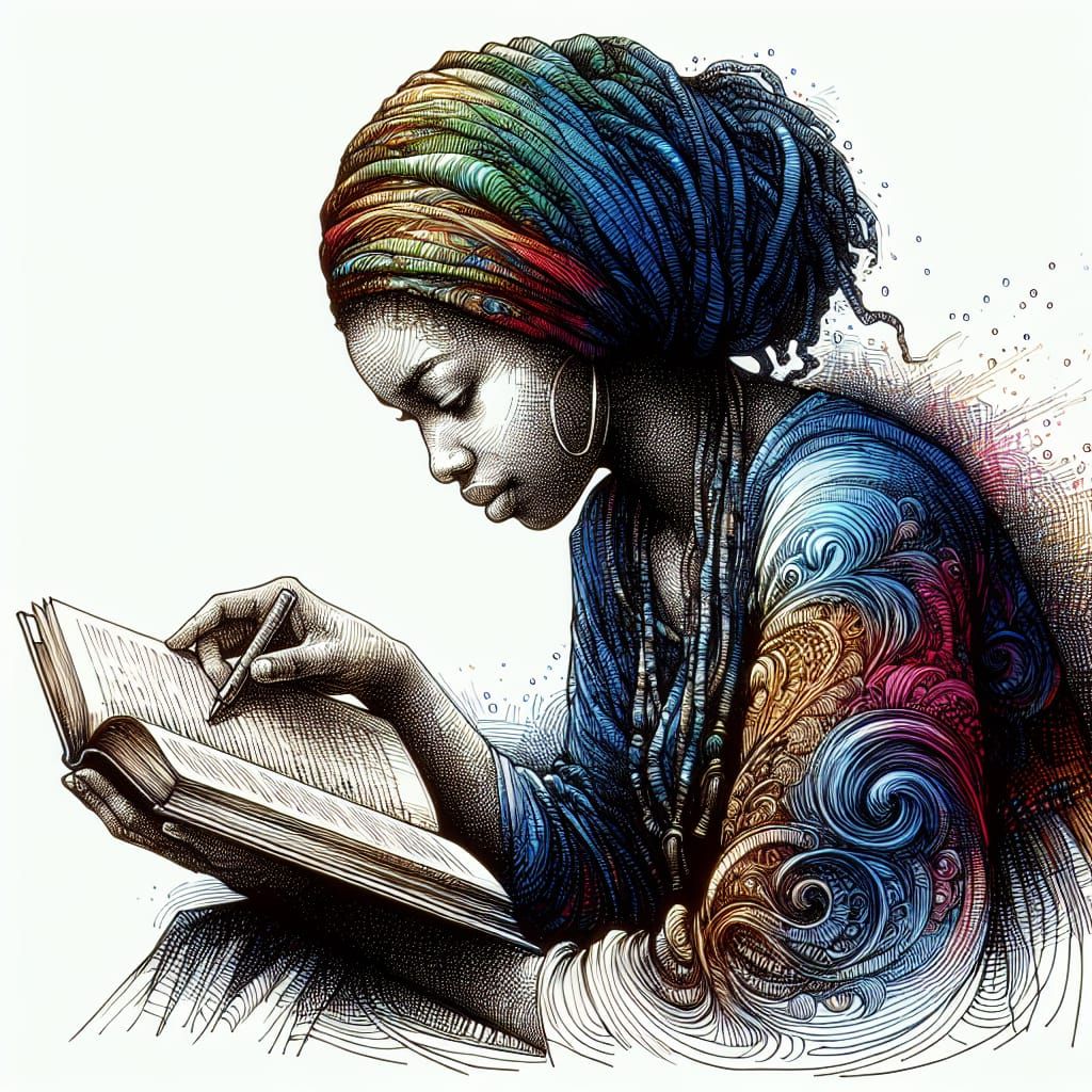 Afroasiatic Woman Reading: Ink and Pen Art
