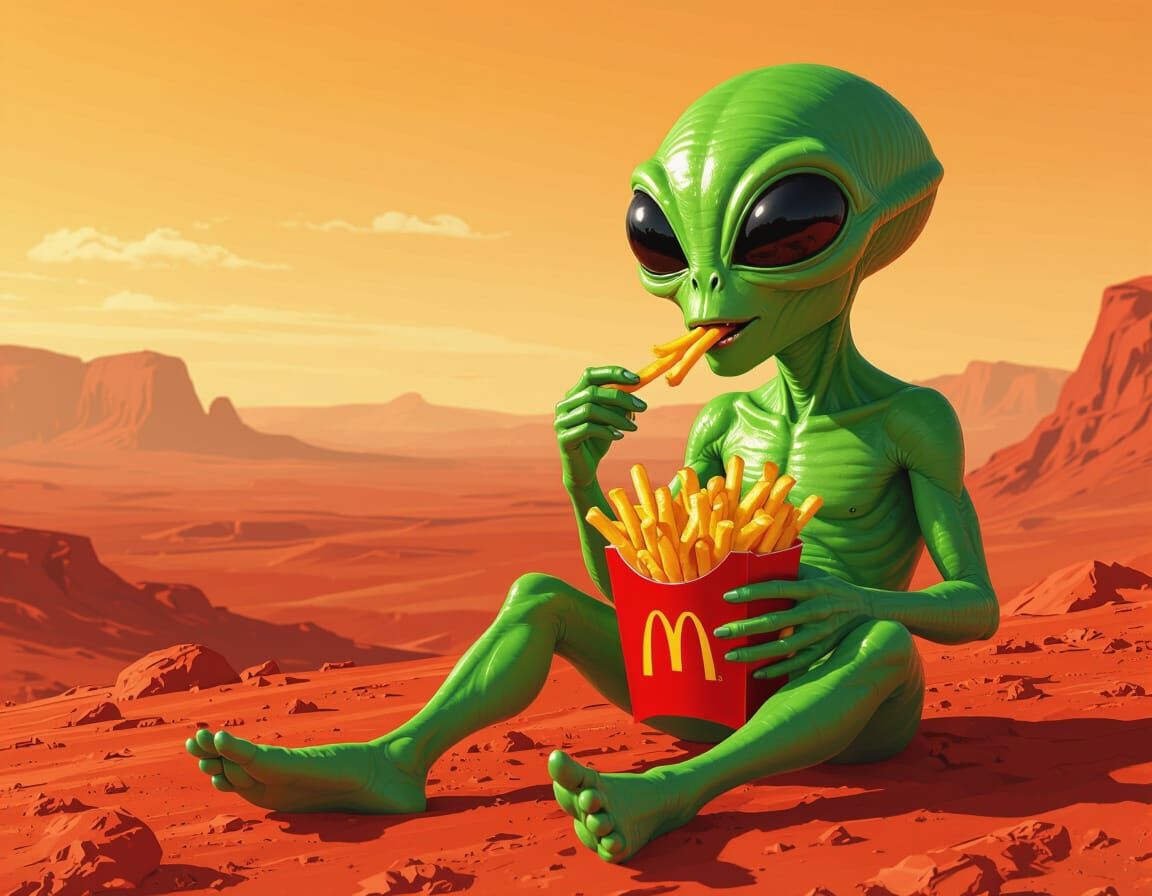 Alien Enjoying McDonald's Fries on Mars