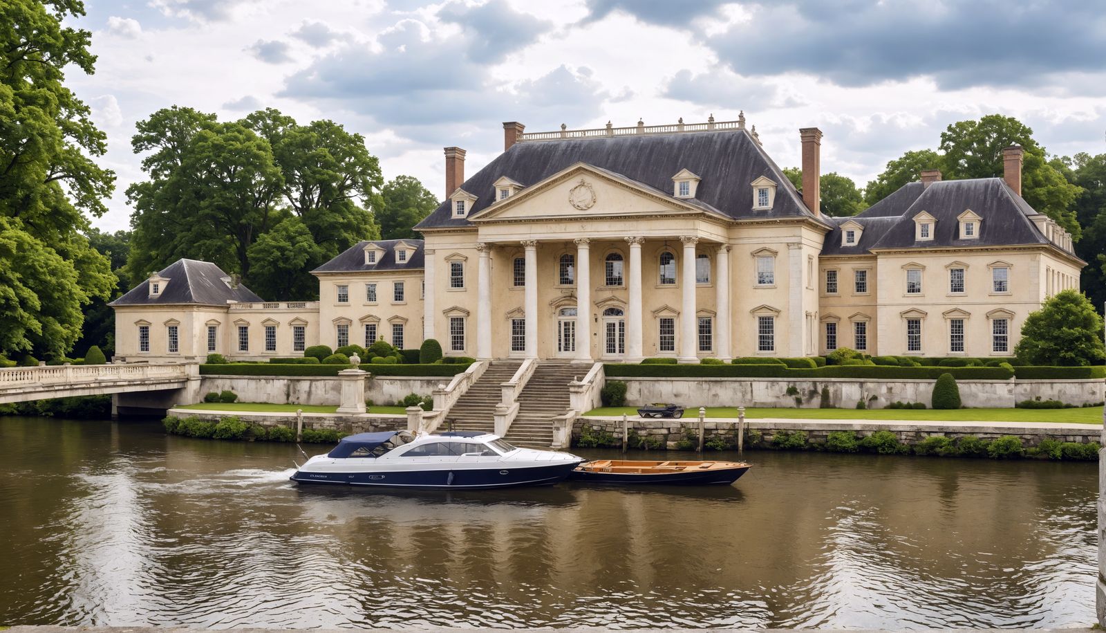 Palladian Mansion with Boat Dock in Hyperrealistic Detail