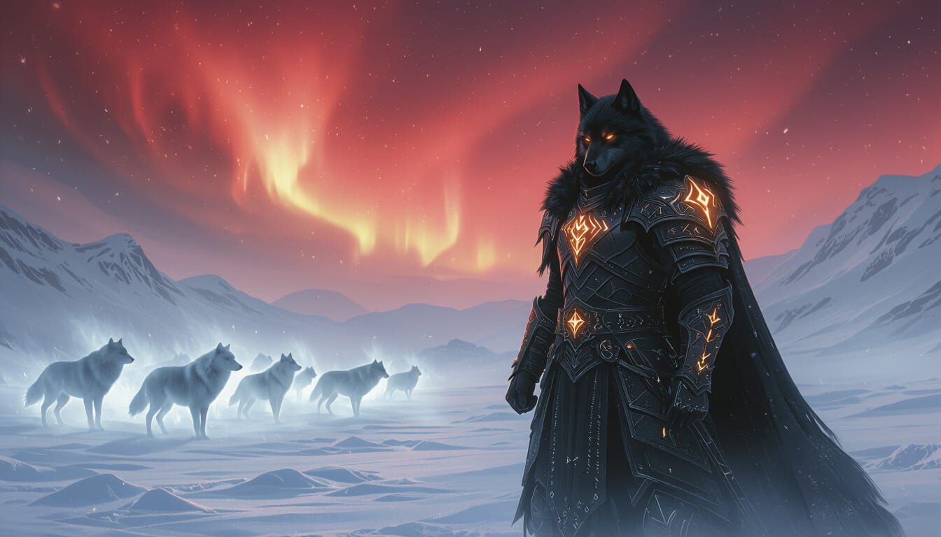 Wolf Warrior Under Northern Lights