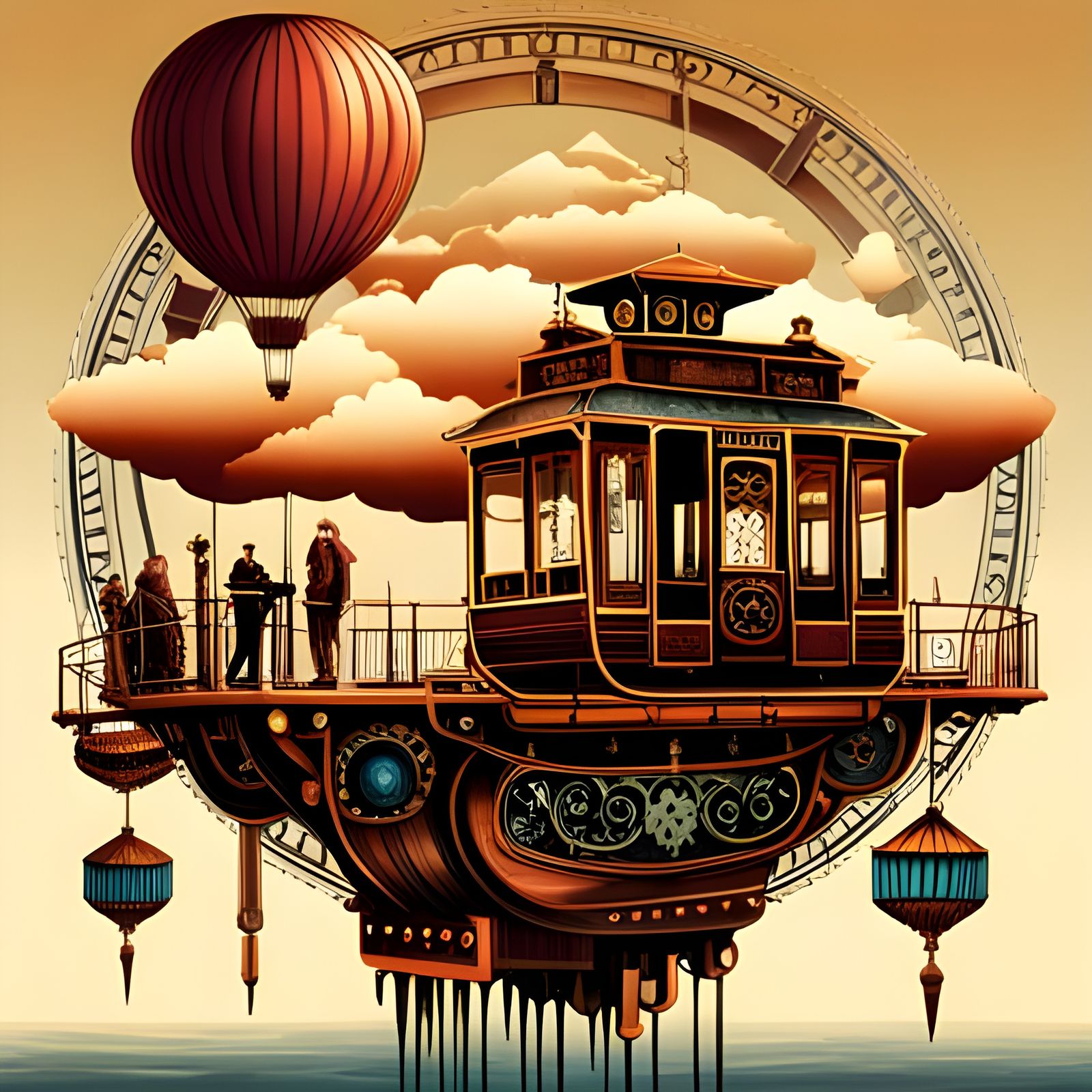 Steampunk Cable Car Over Water City