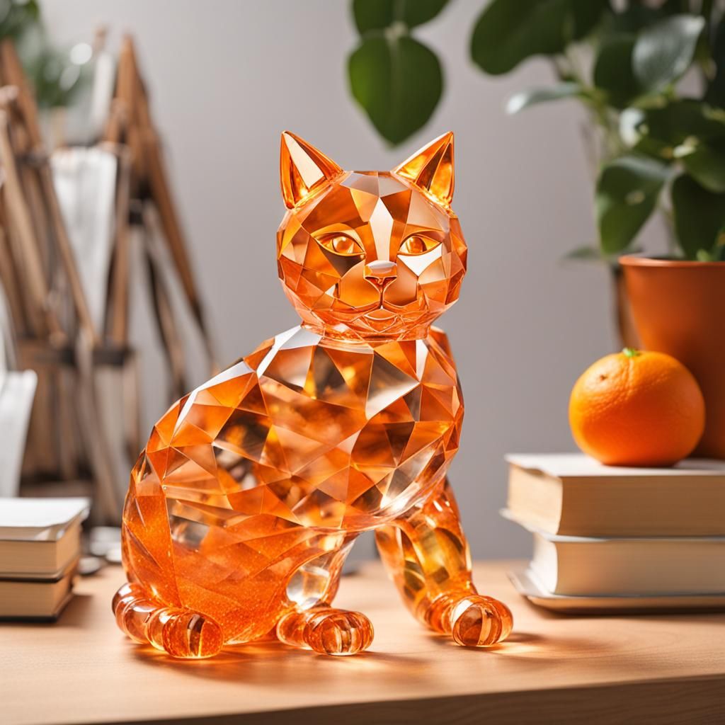 Orange Crystal Cat Statue: Sparkling Feline Art