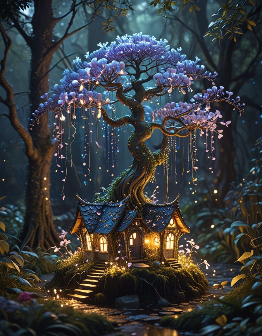 Whimsical Bioluminescent Wisteria in Enchanted Garden