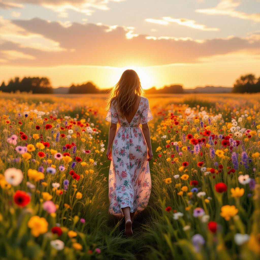 Woman in Floral Dress Walks Through Colorful Meadow