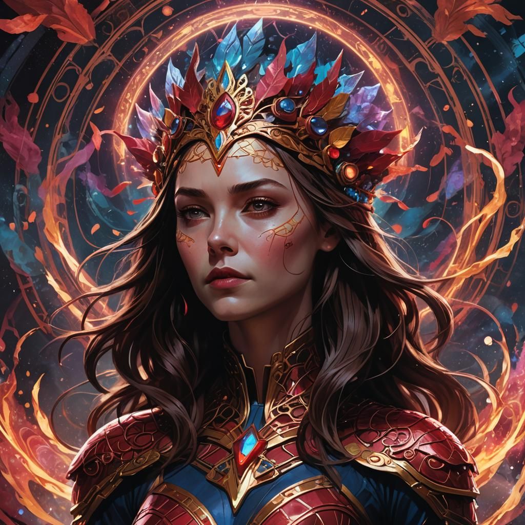 Mystical Woman Portrait with Ornate Headdress and Magic