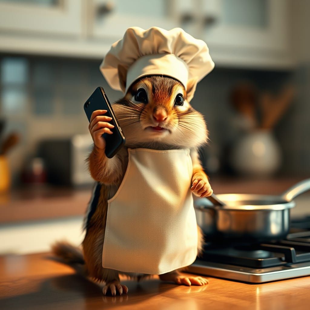 Chipmunk Chef Talks on Phone While Cooking