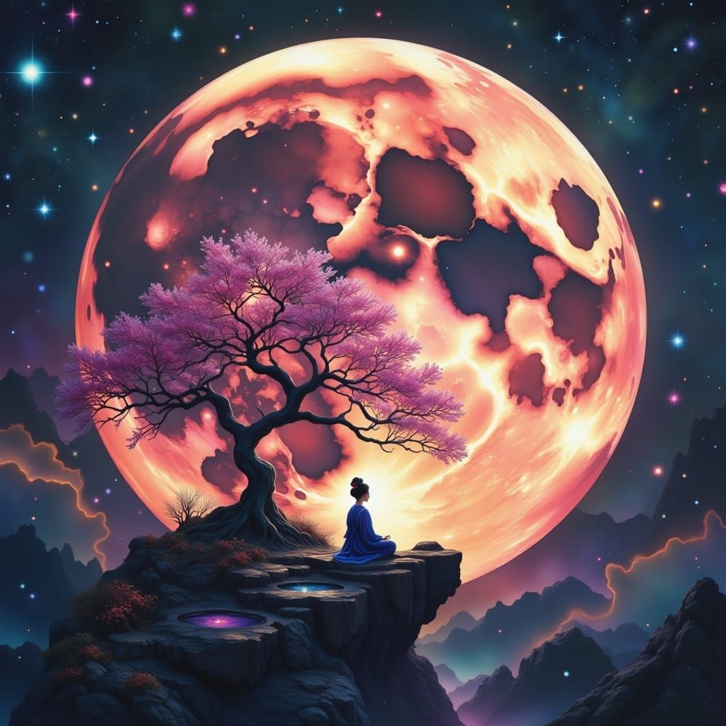 Surreal Moon Landscape with Meditating Geisha