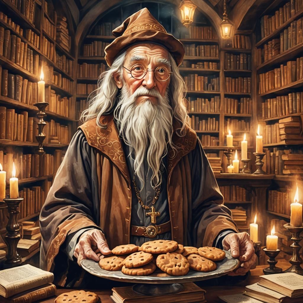 Whimsical Wizard with Cookies in Watercolor Style
