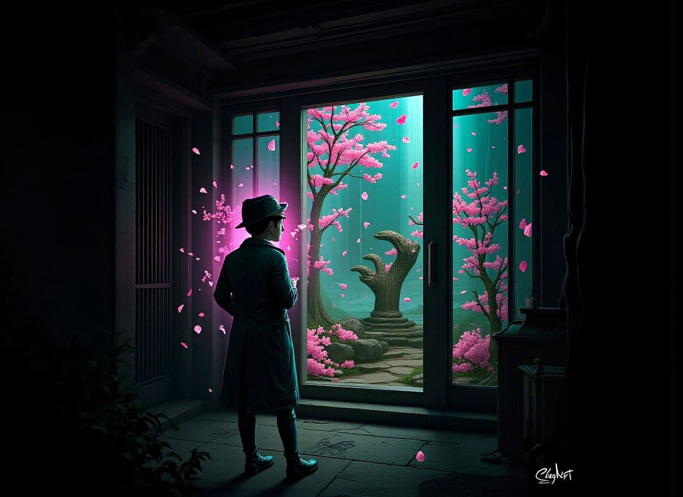 Cyberpunk Detective Investigates Zen Garden Portal