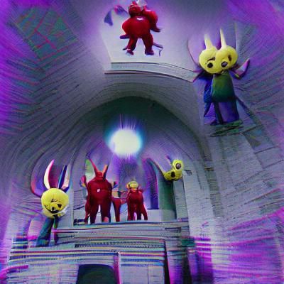 Distorted Teletubbies in Demonic Landscape
