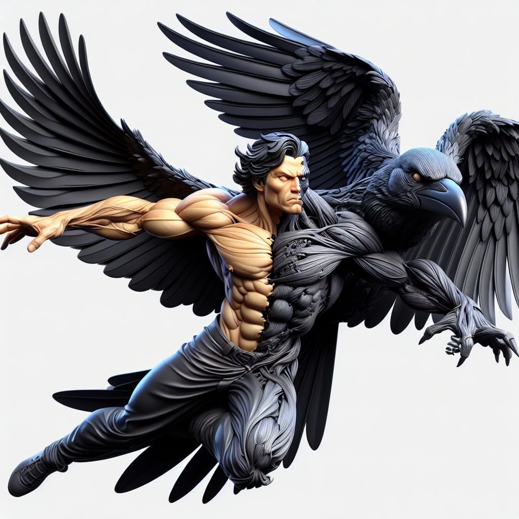 Muscular Crow-Man in Flight: Detailed 3D Fantasy Art