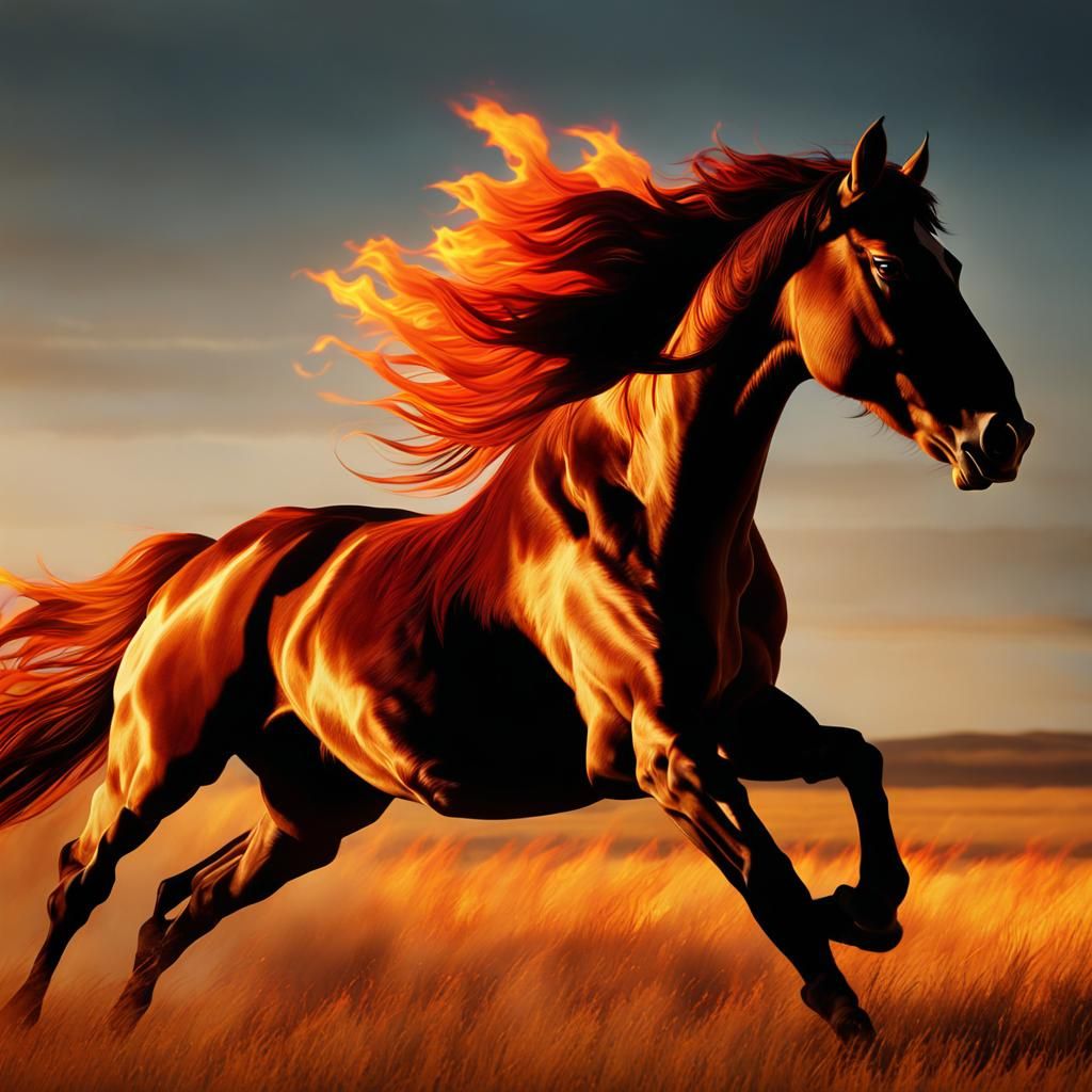 Fiery Horse Galloping Across Prairie at Sunset