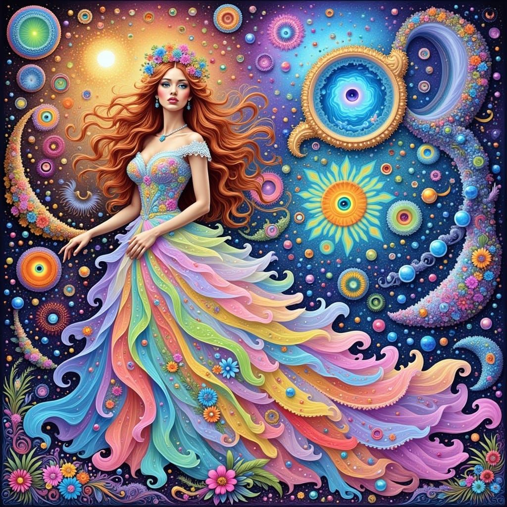 Visionary Woman in Whirling Pastel Gown Amidst Cosmic Dreams...
