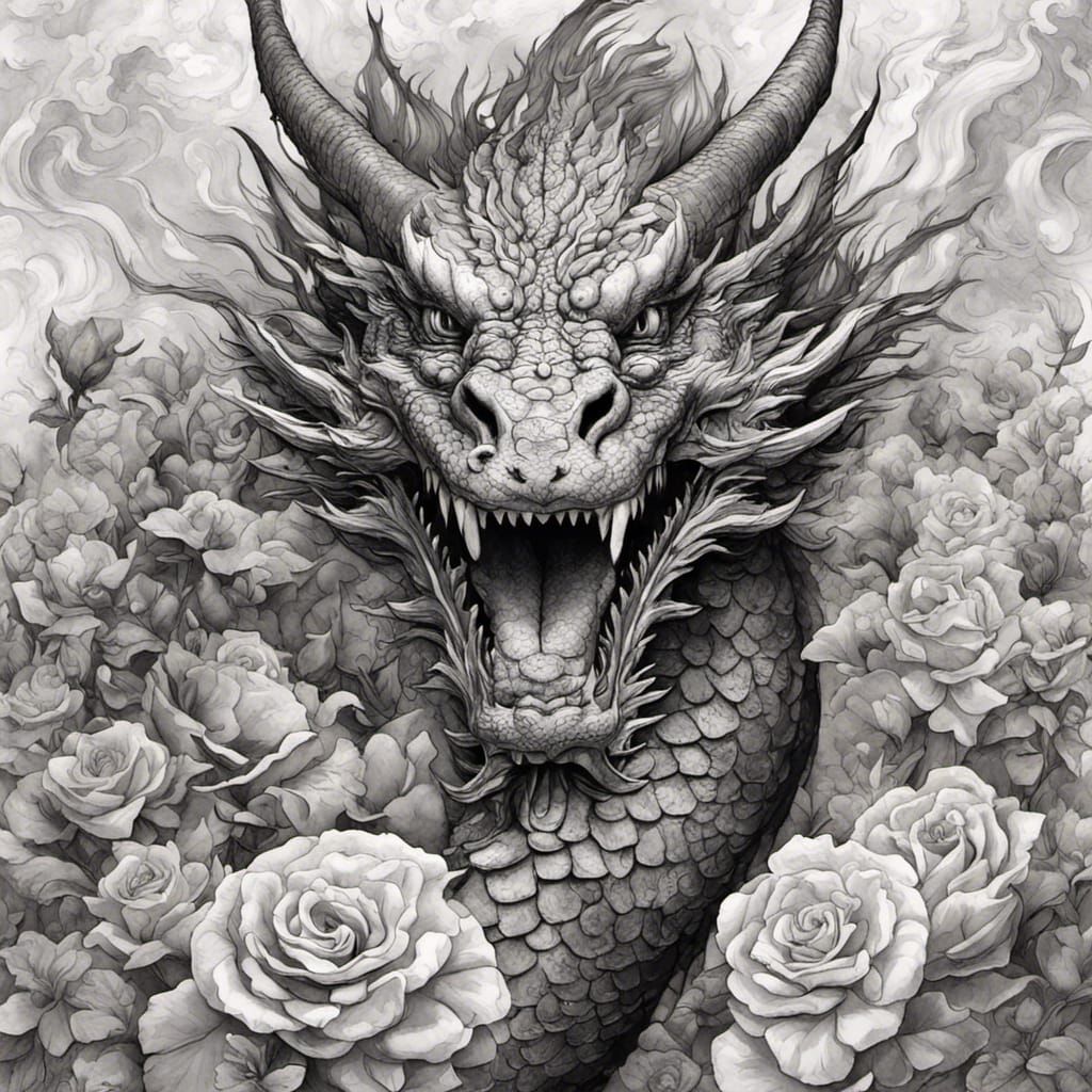 Asian Dragon and Roses in Gouache Style