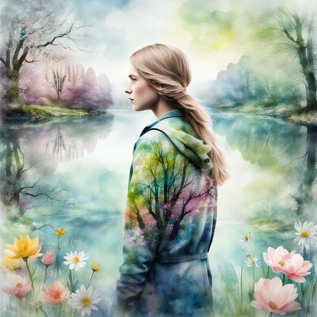 Superhero Woman in Spring Double Exposure Watercolor