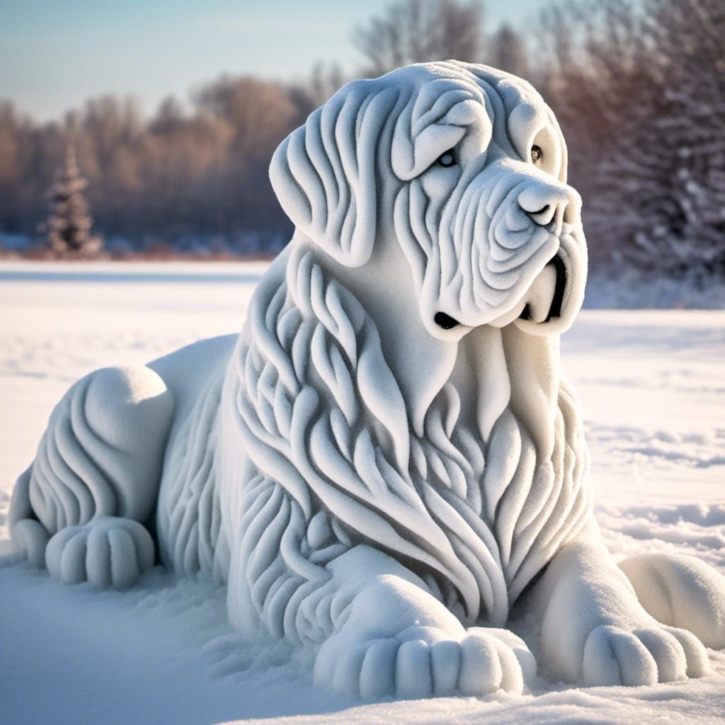 Snow English Mastiff Dog Sculpture in Winter