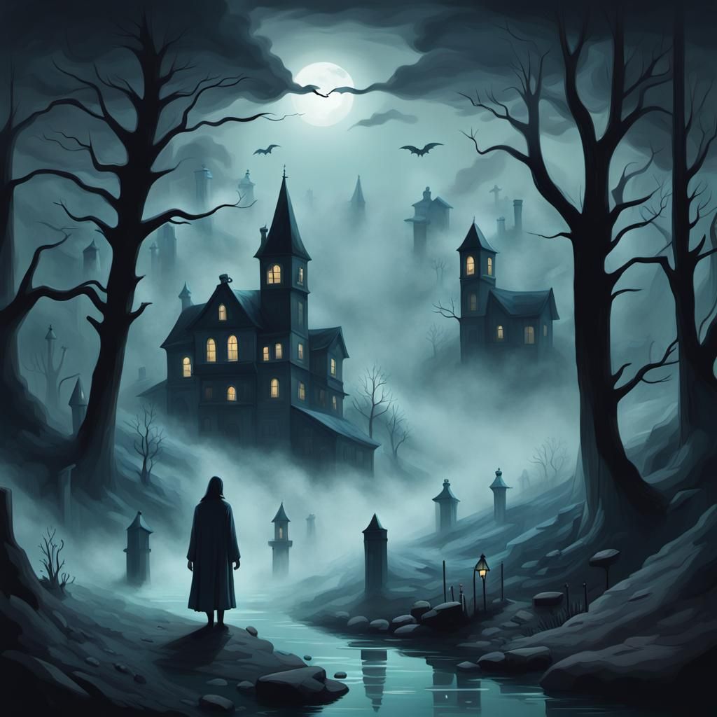 Eerie Isometric Haunted Landscape with Ghostly Figures