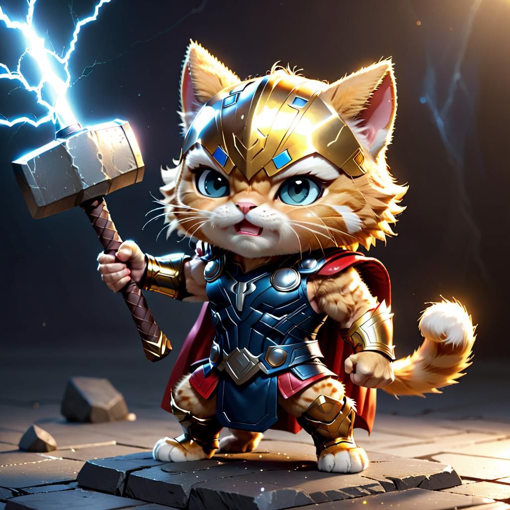 Chibi Golden Cat as Thor in Anime Style