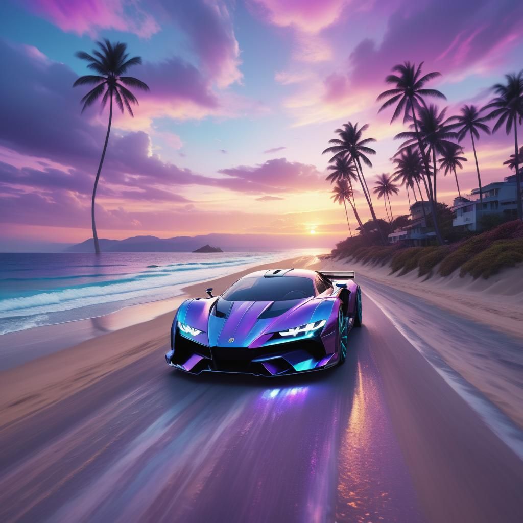 Futuristic Iridescent Super Car at Sunset
