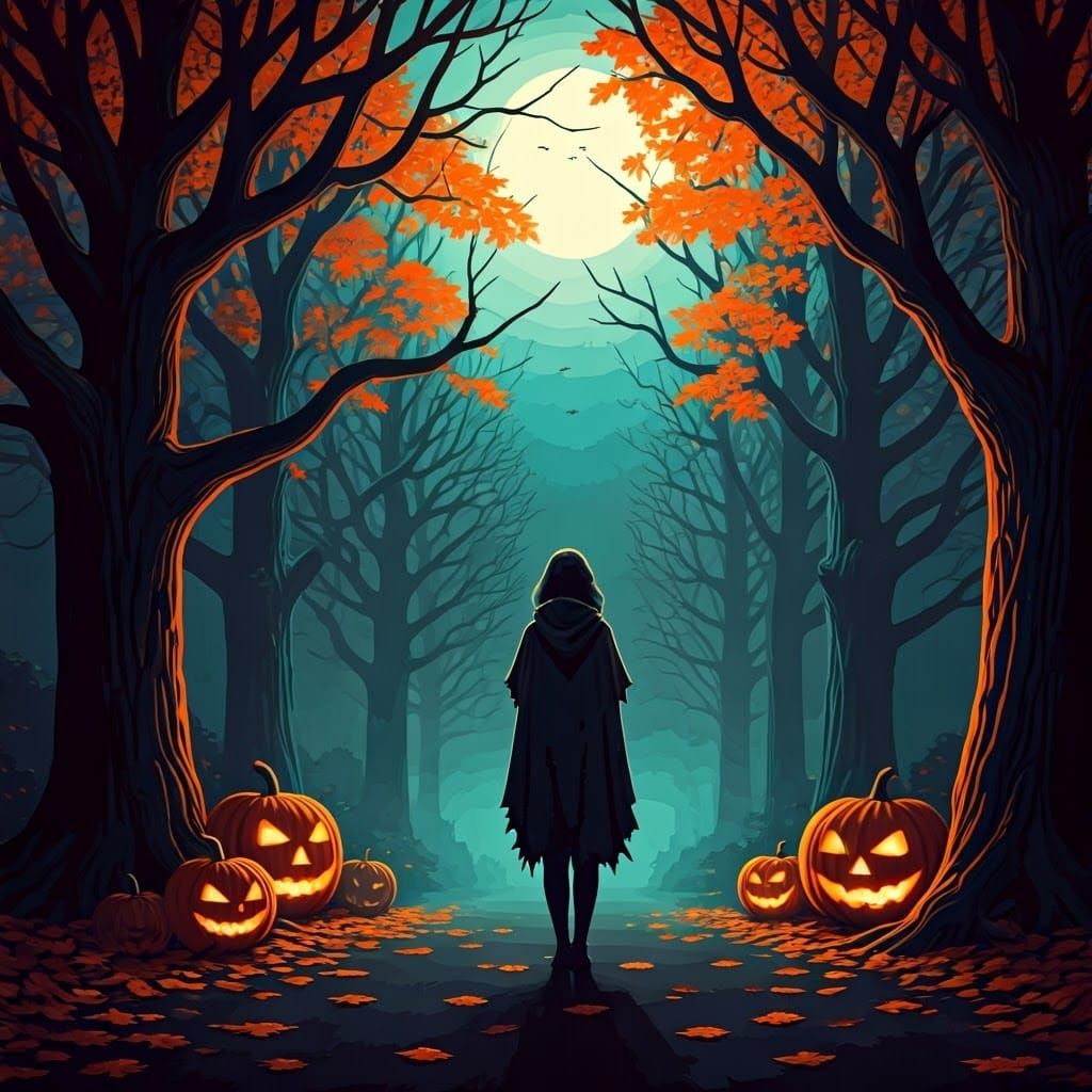 Misty Autumn Road: Dark Surrealism Under Full Moon