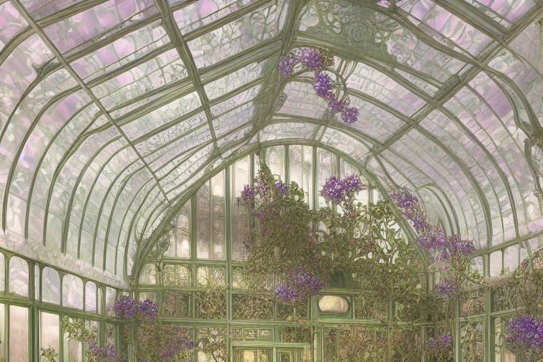 Victorian Glass Greenhouse with Wisteria in Art Nouveau Styl...