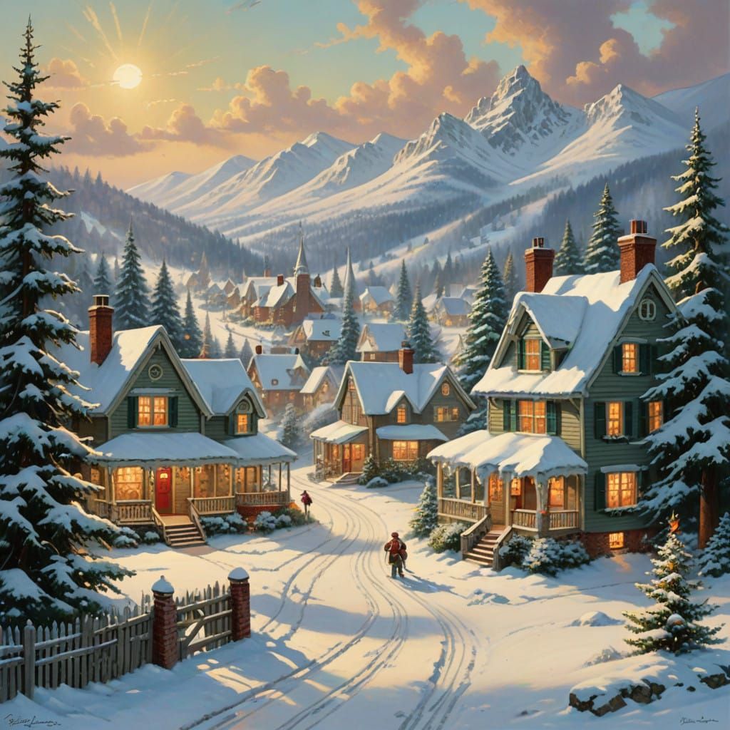 Winter Wonderland Village Scene in Cozy Realism Style