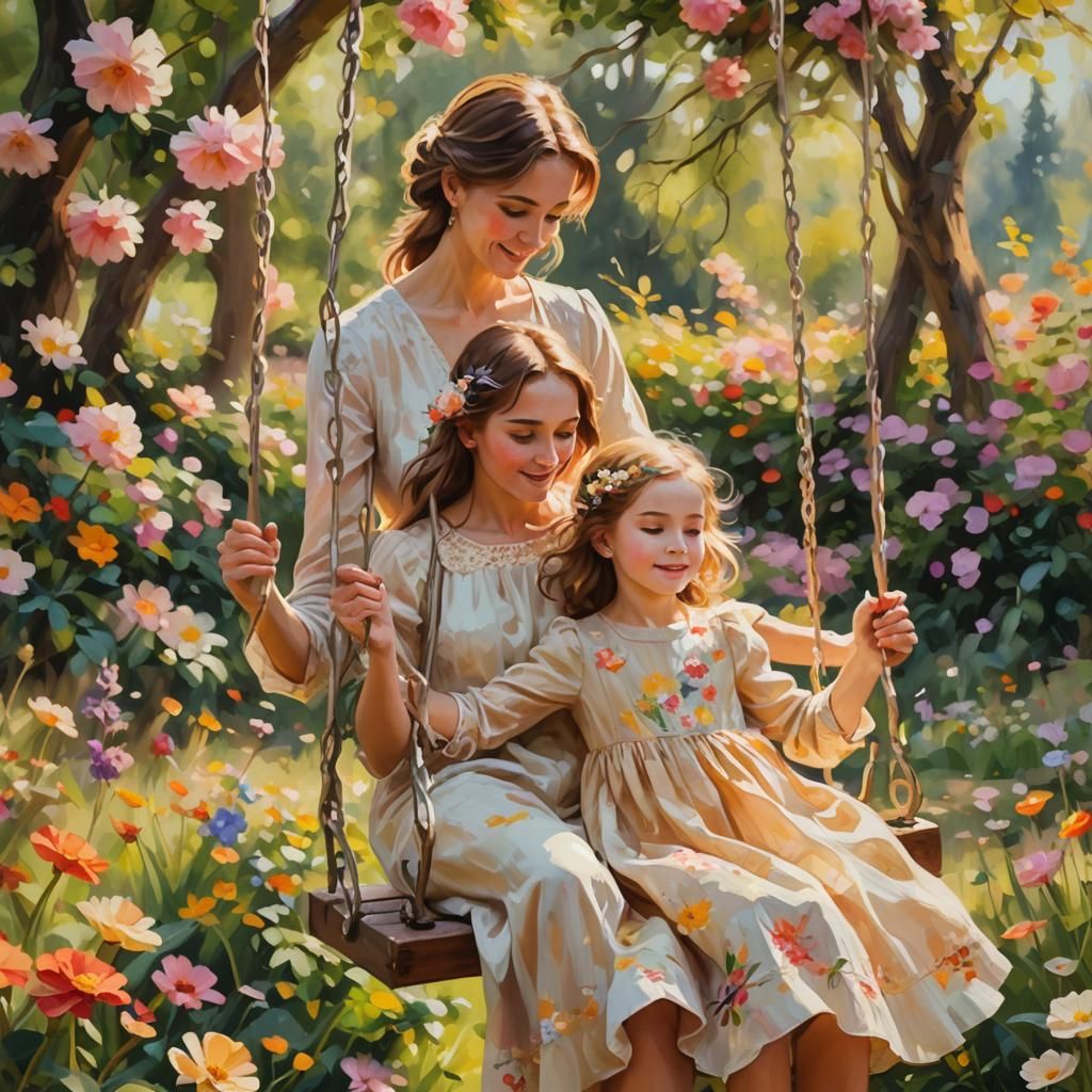 Mother and Daughter on Swing in Impressionist Garden