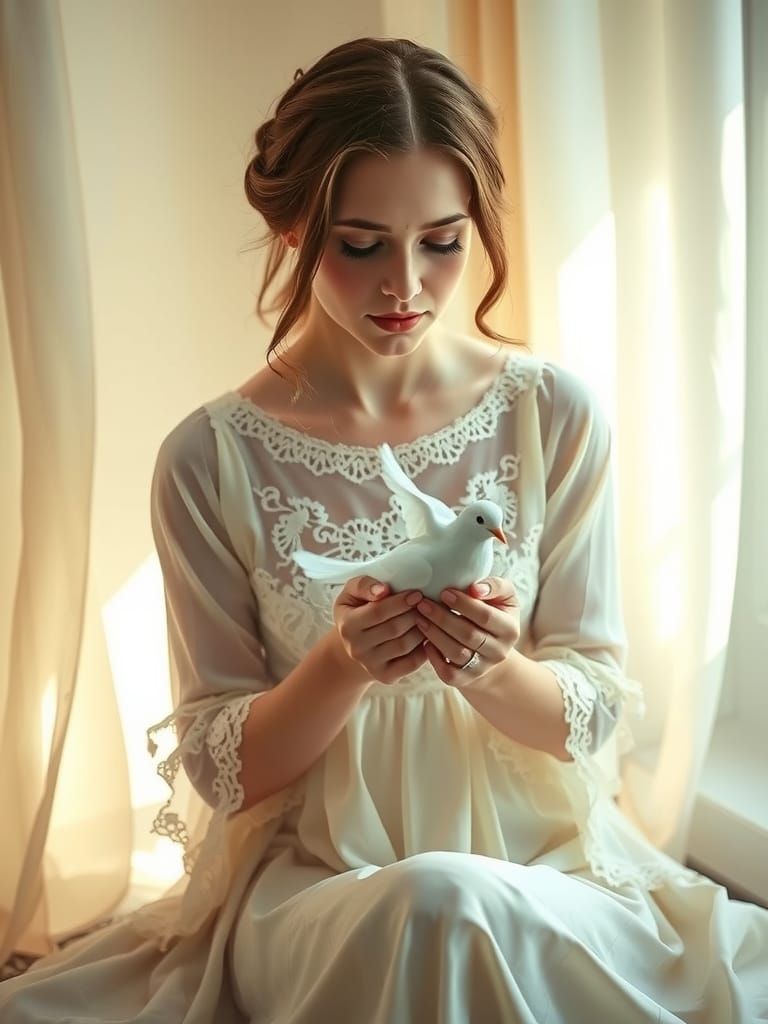 Ethereal Woman Contemplates a Dove in Soft, Warm Light