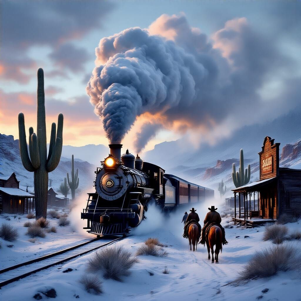 Old West Steam Train in Snowy Twilight Landscape