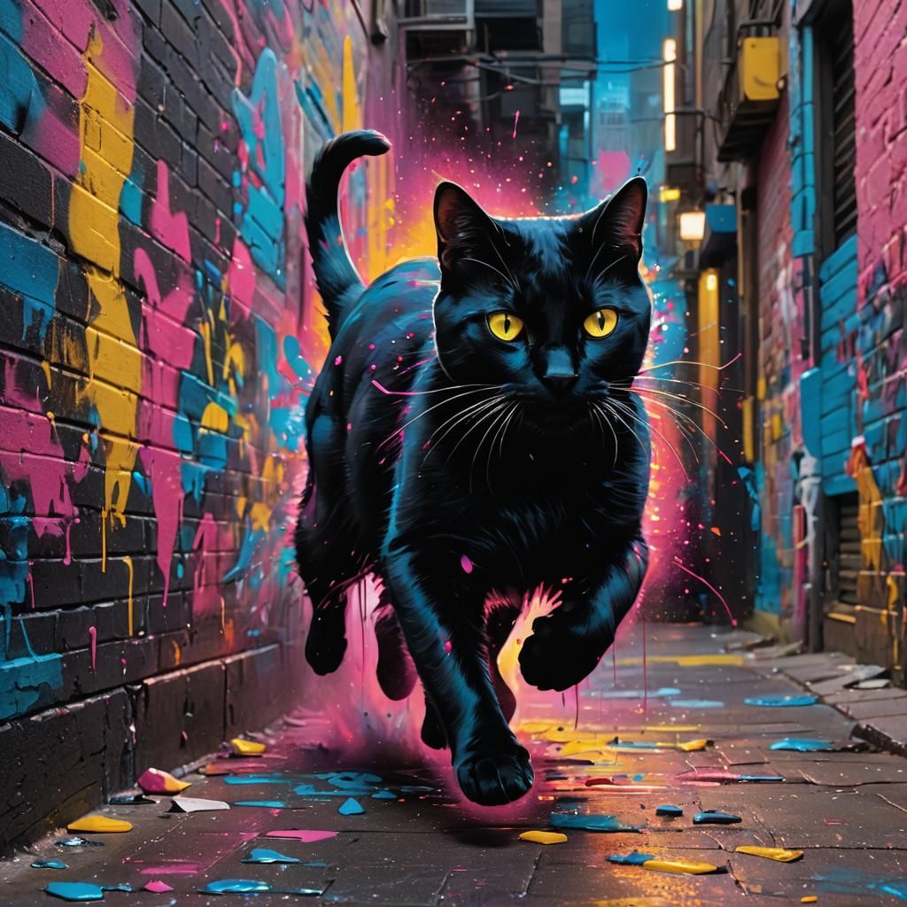Black Cat Sprints Through Graffiti Alley in Action Painting