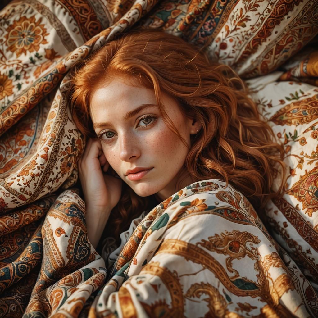 Middle Eastern Woman with Ginger Hair in Bed