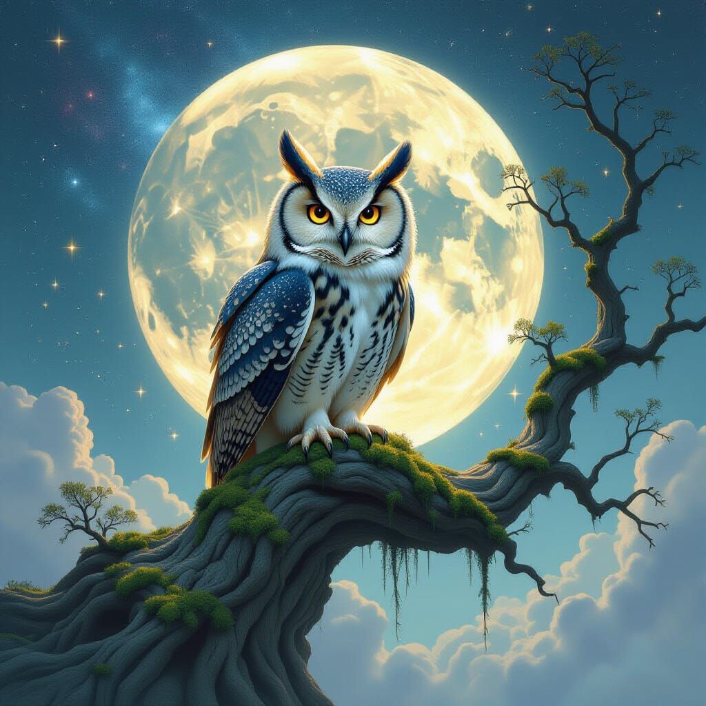Nebula-Eyed Owl in Surrealist Cosmic Landscape