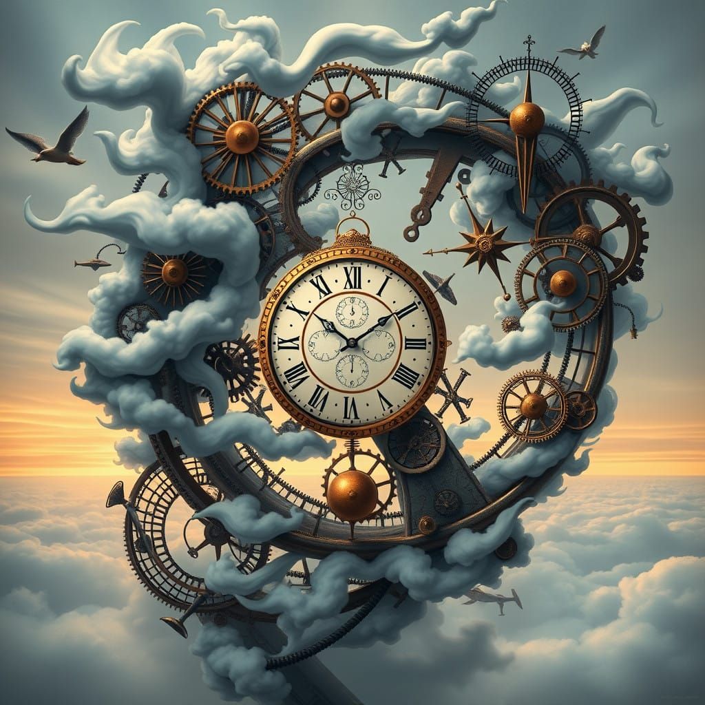 Surreal Clockwork Dreamscapes in Muted Blues and Golds