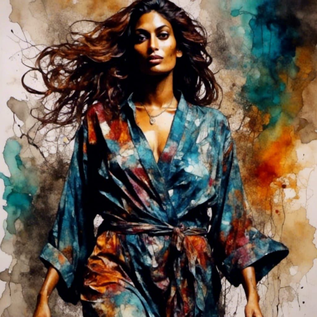 Alcohol Ink Figure in Open Robe and Heels