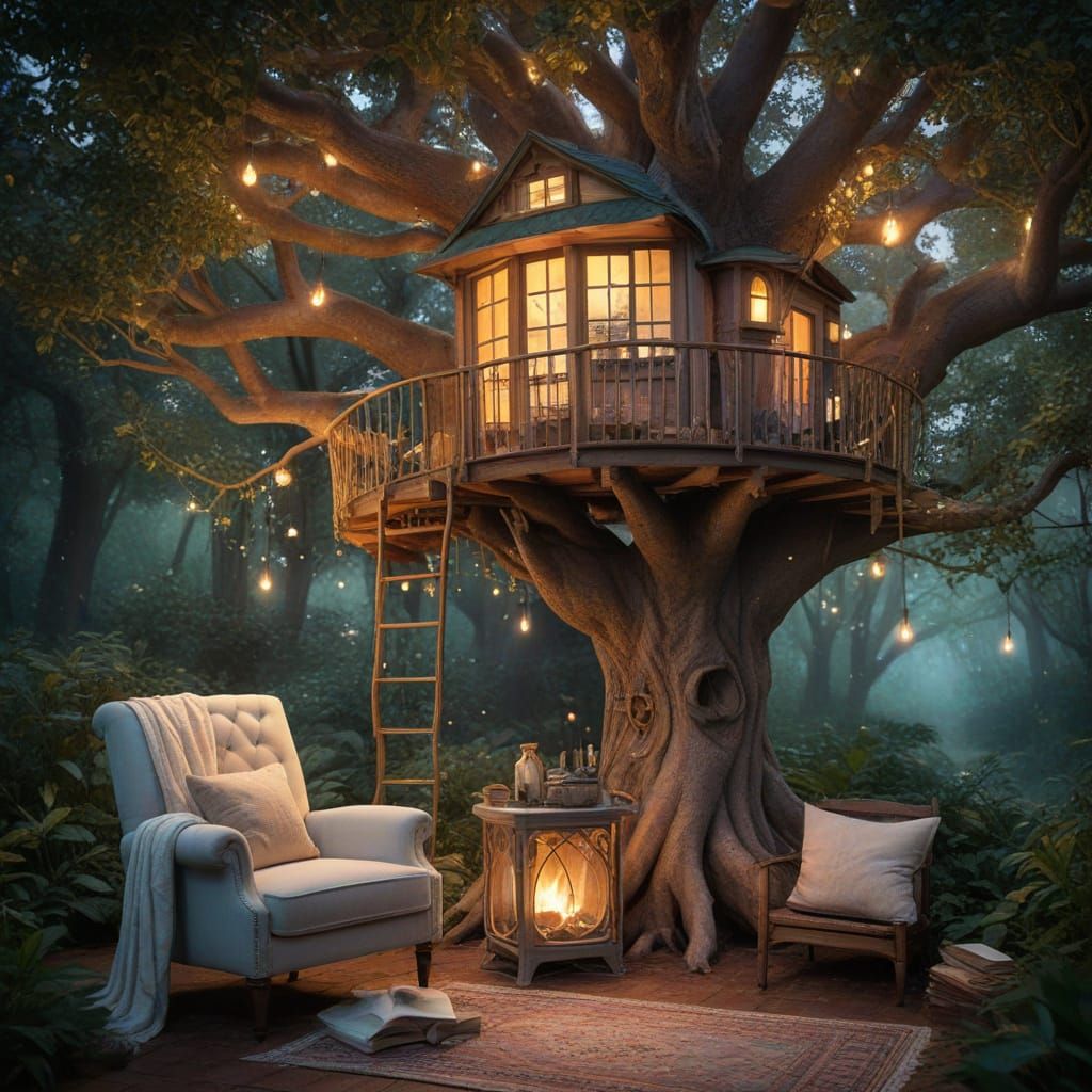 Enchanted Book-Filled Treehouse in Watercolor Style