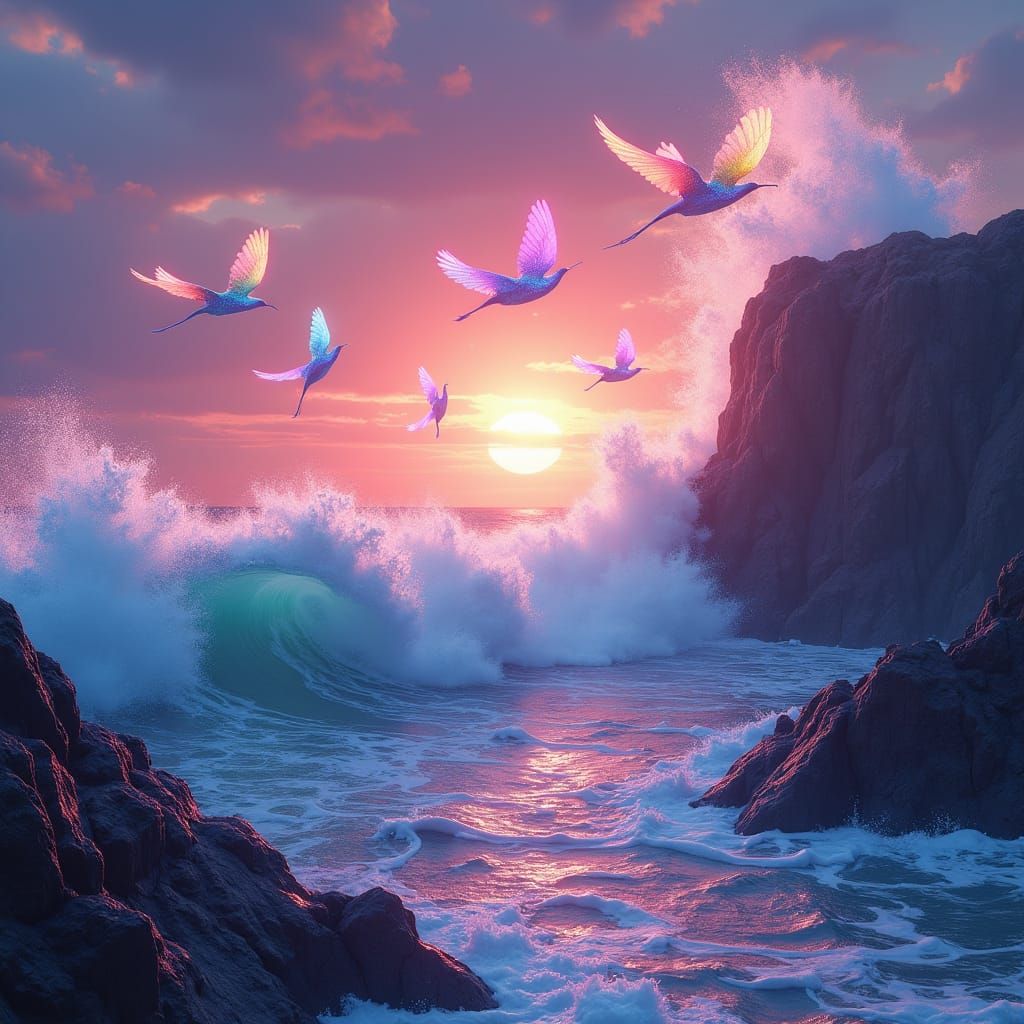Winged Creatures Soar Above Ethereal Ocean Wave